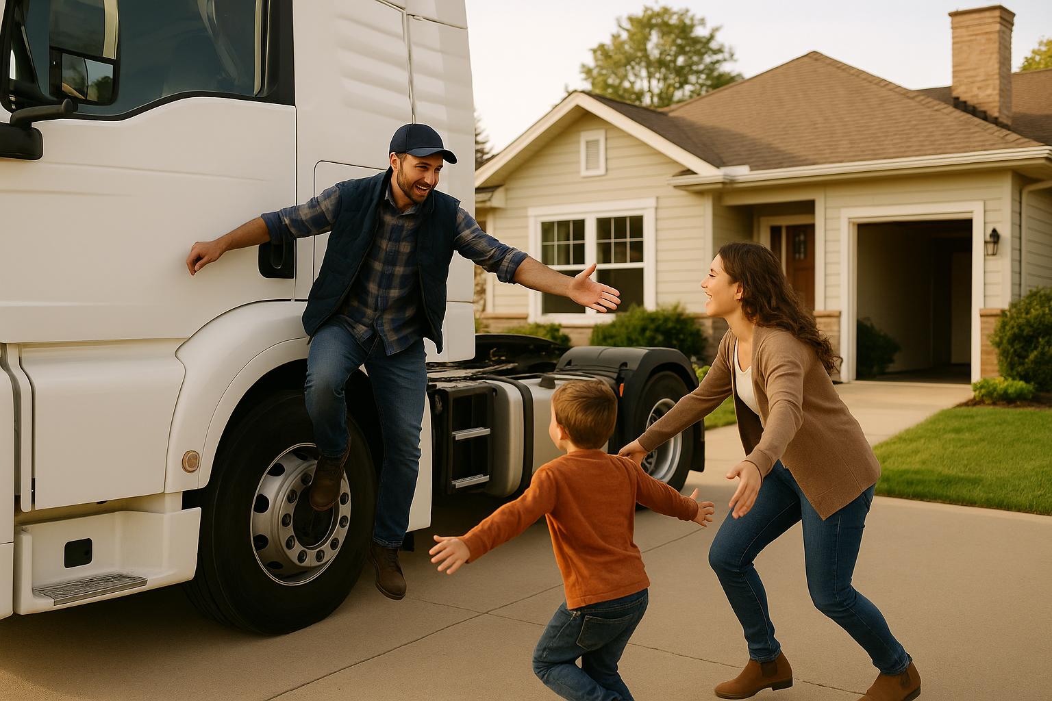 Truck driver arriving home and greeting his family by the semi truck